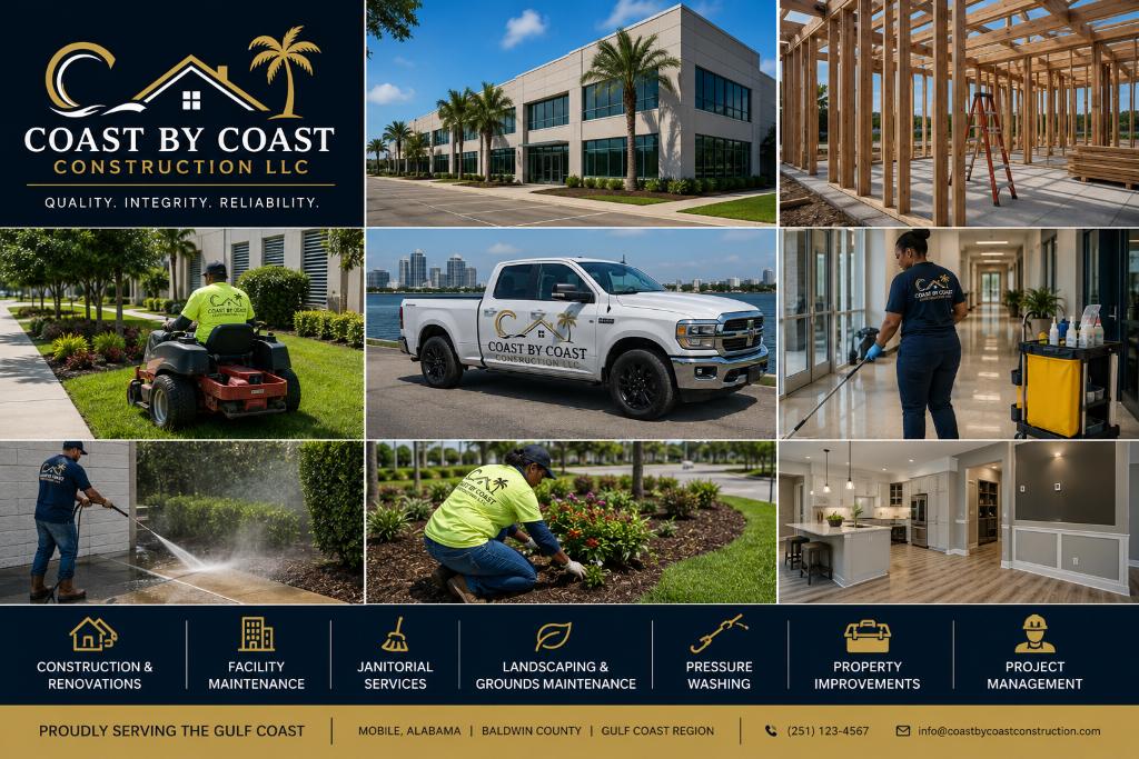 Coast by Coast Construction LLC — construction & renovations, facility maintenance, janitorial services, landscaping, pressure washing, property improvements, and project management serving Mobile, Alabama, Baldwin County, and the Gulf Coast Region